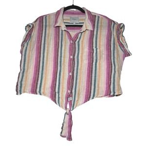 Rails Amelie Avila Stripe Tie Front Linen Blend Lurex Button Shirt Top L